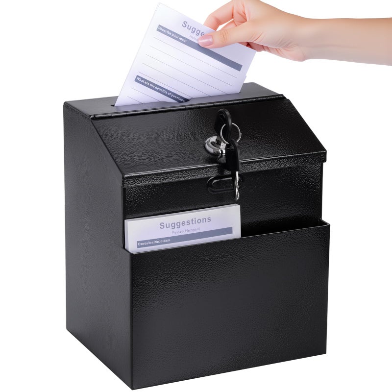Sumerfnt Suggestion Box with Slot and Lock & 50 Suggestion Sheets Wall Mounted Comment Ballot and Donation Box with Lock Steel Black - Image 1